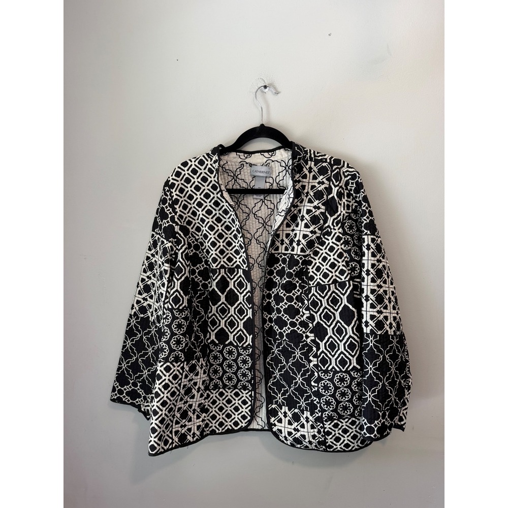 Catherines Women 0X 14/16W Quilted Jacket Black White Geometric Patchwork Print